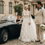 Old money style bruidspaar bij auto