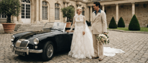 Old money style bruidspaar bij auto