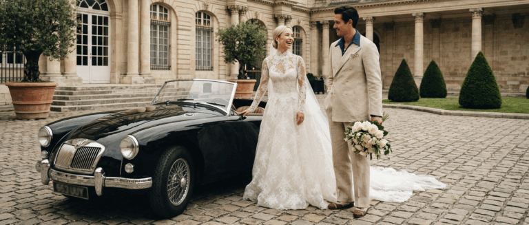 Old money style bruidspaar bij auto